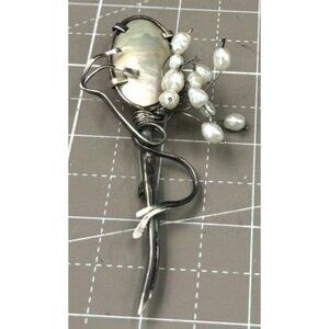 Vintage Sterling Silver Modernistic Brooch Mother Of Pearl Freshwater Pearls